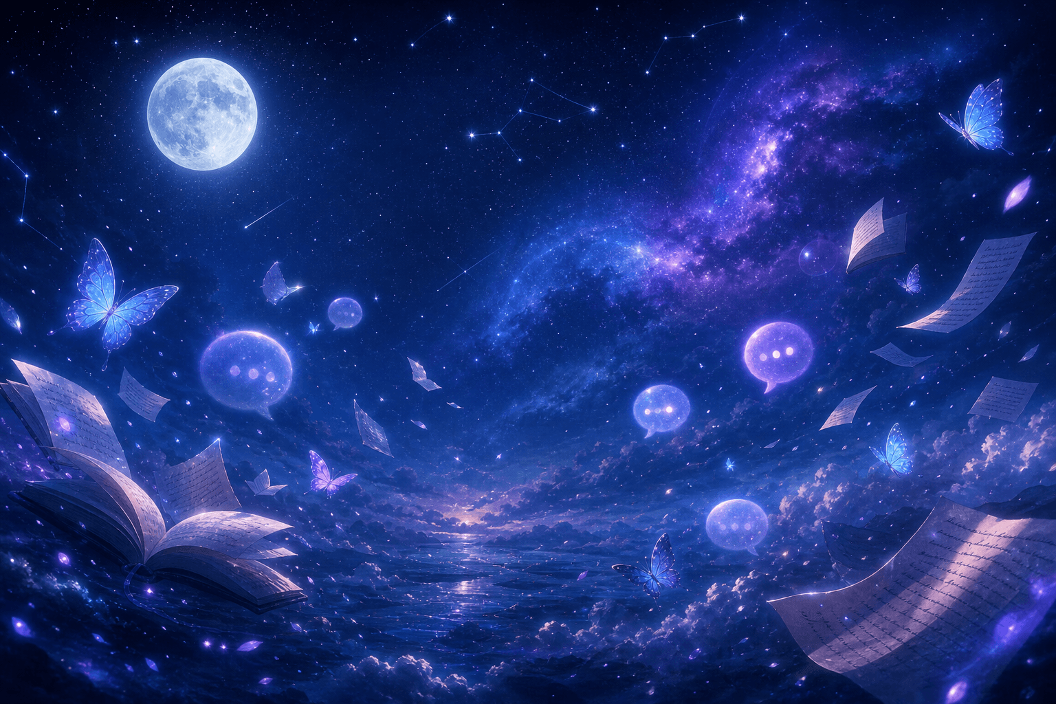 月明かりの夜空に、夢日記・蝶・星座が浮かぶ幻想的なヒーローイメージ。明晰夢 Discordコミュニティを象徴するビジュアル。
