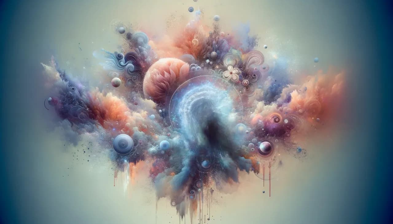 明晰夢の世界への扉を開く、神秘的な宇宙風景が広がるイメージです。瞑想によって解き放たれる心の奥深くに潜む変性意識の領域が、色鮮やかな星雲や輝く天体を通して表現されています。この静かでカラフルな場は、現実の枠を超えた自己探求と心の解放を促す、内観の旅へと誘います。