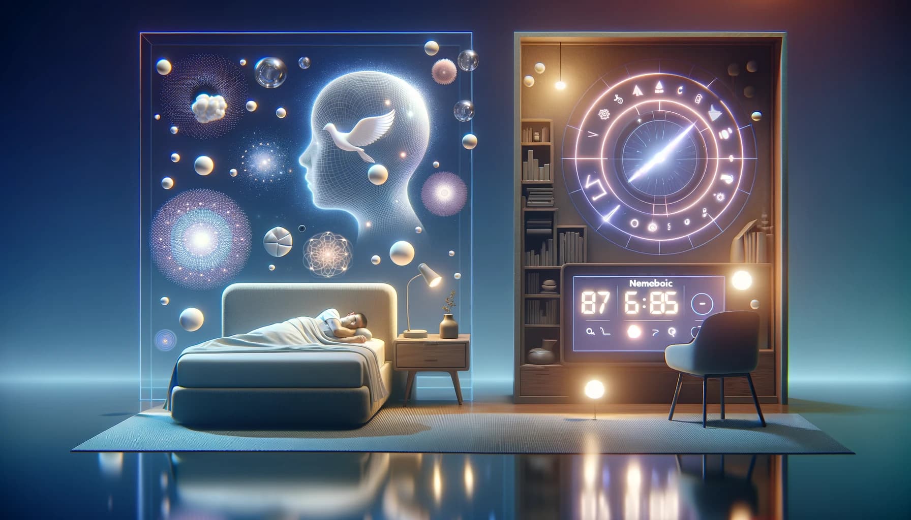 MILD(明晰夢誘導法)を象徴するヒーローイメージで、穏やかに眠る人と夢と現実の境界をぼかすデジタル時計、記憶に訴えるシンボルが描かれ、明晰夢へと誘う変容の旅を体現しています。